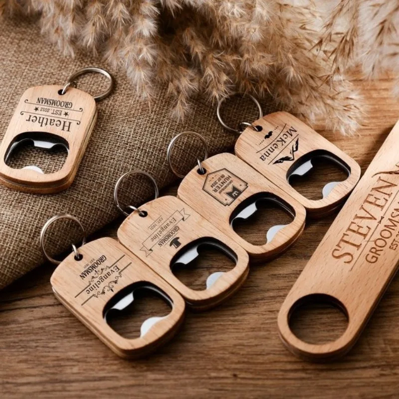 Bottle Opener Keyring - CUSTOM ชื่อที่เปิดขวดเบียร์พวงกุญแจไม้สําหรับงานแต่งงานเลเซอร์แกะสลักโลโก้รถ Key CHAIN VINTAGE ปรับแต่งพวงกุญแจไม้